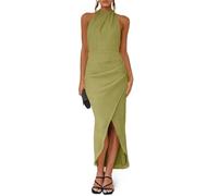 Fisoew Womens Halter Neck Party Dress Sleeveless Slit Textured Backless Slim Fitted Ruched Sexy Midi Cocktail Dresses, Olive Green, S