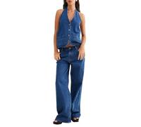 Fisoew Women's Two Piece Denim Set Button Down Backless Tank Top and Wide Leg Jeans 2 Piece Outfit Suits, Navy Blue, L