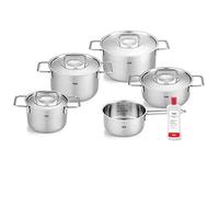 Fissler Pure Collection 6-Piece Stainless Steel Saucepan Set with Metal Lids (3 Saucepans, 1 Stewing Pan 1 Saucepan 1 Stainless Steel Care) - Induction, Silver