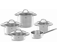 Fissler San Francisco 5-Piece Stainless Steel Saucepan Set with Glass Lids Suitable for Induction Cookers All Hob Types (3 Saucepans, 1 Stewing Pot, 1 Saucepan Without Lid)