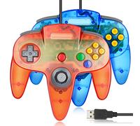 FISUPER USB N64 Controller, 2 Pack Wired USB Game Controller Gamepad for Windows PC MAC Raspberry Pi (Clear Blue + Clear Red)