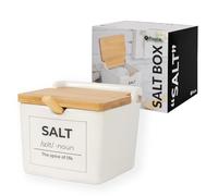 Fisura - Ceramic Salt Cellar Jar with Lid & Spoon, Square Salt Container, Kitchen Storage for Salt, Sugar or Spices, White Design, Salt Pig Style