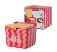 Fisura - Ceramic Salt Cellar Jar with Lid & Spoon, Square Salt Container, Kitchen Storage for Salt, Sugar or Spices, Pink & Red Design, Salt Pig Style