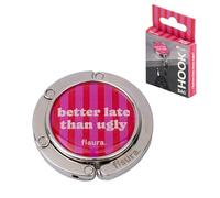 Fisura - Folding Handbag Hook for Table “Better Late Than Ugly” - Non-Slip Purse Hook Desk Hanger, Foldable Bag Holder for Handbag or Backpack, Pink & Red, Holds 6 kg / 13 lb