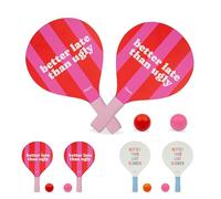 Fisura - Original Beach Paddle Ball Set “Better Late Than Ugly”, Pink and Red Wooden Beach Racket Set with Net Bag and 2 Balls included, Wooden Bat Set for Swimming Pool
