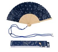 Fisura - Original Blue Paisley Print Folding Fan, Modern and Colourful Folding Handheld Fan, Navy Blue Design for Wedding, Rave, Festival - Includes Strap. Size: 42.5 x 23 cm