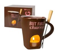 Fisura Original Chocolate Fondue Cup with Cup and Fork Brown Mug with Message "But First Churros" for Fondue Original Gift Mug 140ml