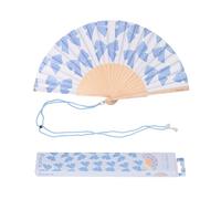 Fisura - Original Folding Fan with Bow Print, Modern and Colourful Folding Handheld Fan, Blue Design for Wedding, Rave, Festival -Includes Strap. Size: 42.5 x 23 cm