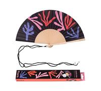 Fisura - Original Folding Fan with Coral Print, Modern and Colourful Folding Handheld Fan, Black Design for Wedding, Rave, Festival - Includes Strap. Size: 42.5 x 23 cm
