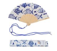 Fisura - Original Folding Fan with Fish Print, Modern and Colourful Folding Handheld Fan, White & Blue Design for Wedding, Rave, Festival - Includes Strap. Size: 42.5 x 23 cm