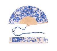 Fisura - Original Folding Fan with Flowers Print, Modern and Colourful Folding Handheld Fan, Blue & White Design for Wedding, Rave, Festival -Includes Strap. Size: 42.5 x 23 cm