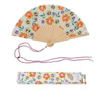 Fisura - Original Folding Fan with Flowers Print, Modern and Colourful Folding Handheld Fan, Orange & Blue Design for Wedding, Rave, Festival -Includes Strap. Size: 42.5 x 23 cm