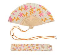 Fisura - Original Folding Fan with Flowers Print, Modern and Colourful Folding Handheld Fan, Orange & Pink Design for Wedding, Rave, Festival -Includes Strap. Size: 42.5 x 23 cm