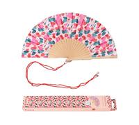 Fisura - Original Folding Fan with Poppy Print, Modern and Colourful Folding handheld fan, Pink and Red Design, For wedding, rave, festival, Includes Strap - Size: 42.5 x 23 cm