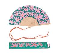 Fisura - Original Folding Fan with Retro Flower Print, Modern and Colourful Folding Handheld Fan, Pink & Green Design for Wedding, Rave, Festival -Includes Strap. Size: 42.5 x 23 cm