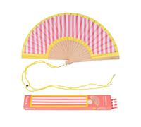 Fisura - Original Folding Fan with Stripes Print, Modern and Colourful Folding Handheld Fan, Yellow & Pink Design for Wedding, Rave, Festival -Includes Strap. Size: 42.5 x 23 cm