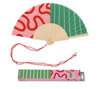 Fisura - Original Folding Fan with Waves and stripes, Modern and Colourful Folding Handheld Fan, Green & Pink Design for Wedding, Rave, Festival - Includes Strap. Size: 42.5 x 23 cm