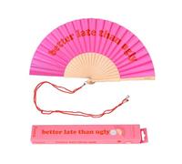 Fisura - Original Folding Handheld Fan with Fun Message “Better Late Than Ugly”, Wooden Folding Fan for Women, Pink & Red Design with Hanger for Wedding, Rave, Festival - Size: 42.5 x 23 cm