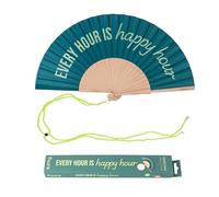 Fisura - Original Folding Handheld Fan with Fun Message “Every hour is a happy hour”. Wooden Folding Fan for women. Green Design with Hanger for Wedding, rave, festival. Size: 42.5 x 23 cm