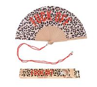 Fisura - Original Folding Handheld Fan with Fun Message “F*ck off”, Wooden Folding Fan for women, Leopard Red Design with Hanger for Wedding, rave, festival - Size: 42.5 x 23 cm