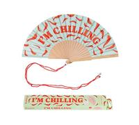 FISURA - Original Folding Handheld Fan with Fun Message “I´m chilling” | Wooden Folding Fan for women | Blue Design with Hanger for Wedding, rave, festival | Size: 42.5 x 23 cm