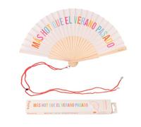 FISURA - Original Folding Handheld Fan with Fun Message "más h*ot", Wooden Folding Fan for women, Beige Design with Hanger for Wedding, rave, festival - Size: 42.5 x 23 cm