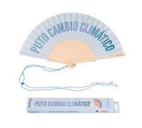 FISURA - Original Folding Handheld Fan with Fun Message "p*to cambio climático", Wooden Folding Fan for women, Blue Design with Hanger for Wedding, rave, festival - Size: 42.5 x 23 cm