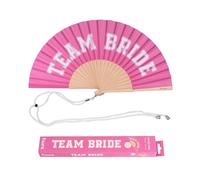 Fisura - Original Folding Handheld Fan with Fun Message team bride, Wooden Folding Fan for women, Pink Design with Hanger for Wedding, rave, festival - Size: 42.5 x 23 cm