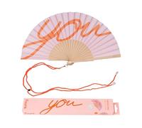 FISURA - Original Folding Handheld Fan with Fun Message "you", Wooden Folding Fan for women, Orange Design with Hanger for Wedding, rave, festival - Size: 42.5 x 23 cm
