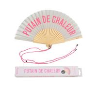 Fisura - Original handheld folding fan with message in french. wooden fan. Original holding Hand Fans. Fan with hanger included (Chaleur, grey and pink)