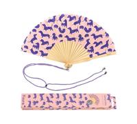 Fisura - Original Handheld Folding Fan with print. Colourful wooden fan. Original holding Hand Fans. Birthday Gifts Wedding Party Decoration. (Dogs, pink)
