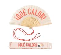 Fisura - Original handheld folding fan with the message in Spanish. Wooden fan. Original holding Hand Fans. Fan with hanger included (Que calor, beige and red)