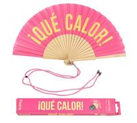 Fisura - Original handheld folding fan with the message in Spanish. Wooden fan. Original holding Hand Fans. Fan with hanger included (Que calor, pink and yellow)