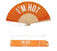 Fisura - Original “I’m Hot” Folding Fan, Modern and Colourful Handheld Fan, Orange Glitter Design for Wedding, Rave, Festival - Includes Strap. Size: 42.5 x 23 cm