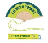 Fisura - Original “I’m Not a Tourist” Message Folding Fan, Modern and Colourful Folding Handheld Fan, Green Design for Wedding, Rave, Festival - Includes Strap. Size: 42.5 x 23 cm