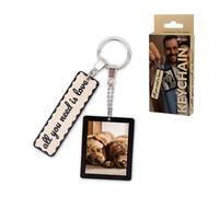 Fisura Original metal keyring with photo frame and message "all you need is love". Women's keyring black and beige. Original photo frame. Gift for women Mother's Day or birthday.