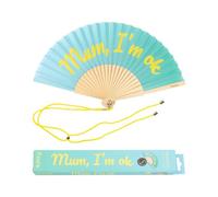Fisura - Original orange handheld folding fan with “Mum, I'm ok” message. Colorful wooden fan, perfect for gifts, wedding party decoration. Hanger included.