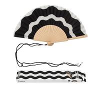 Fisura - Original Wave Print Folding Fan, Modern and Colourful Folding Handheld Fan, Black & White Design for Wedding, Rave, Festival - Includes Strap. Size: 42.5 x 23 cm
