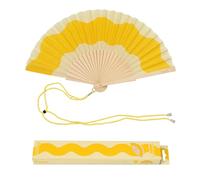 Fisura - Original Wave Print Folding Fan, Modern and Colourful Folding Handheld Fan, Yellow Design for Wedding, Rave, Festival - Includes Strap. Size: 42.5 x 23 cm