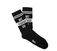 Fisura - Unisex grey novelty socks. Soft cotton-polyester blend. Funny English message. Original Gift Idea. One-size athletic socks. (Workout)