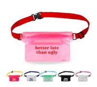 Fisura - Waterproof Waist Bag “Better Late Than Ugly” - Pink & Red Waterproof Dry Bag with Adjustable Belt, Bum Bag for Beach, Holidays & Festivals, 22.5 x 12.5 cm