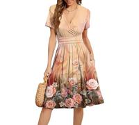 Fit and Flare Dresses for Women UK, Womens Sundress Summer Floral Short Sleeve Wrap V Neck A-Line Empire Waist Midi Dress with Pockets 18th Birthday Gifts for Girls,Complexion,M,k139k