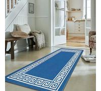 Fit Even Greeky Runner Rug - Large Washable Non-Slip Carpet for Living Room, Bedroom, Lounge, Dining, Kitchen, Modern Indoor Long Floor Rug (Blue & Cream, 66x220 cm)