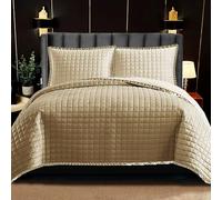 Fit Even Quilt Osca Bedspread 2 Piece Set - Coverless Quilted Square Pattern Bedspread, Comforter Throw, Summer and All-Season Lightweight Bedding Sets, with 1 Pillow Sham (Single, Beige)