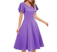 Fit Flare Church Dresses for Women Wedding Guest A Line Tea Length Cocktail Dress Bridesmaid Prom Homecoming Graduation Midi Dress for Teen Girls Evening Party, Lavender 2XL