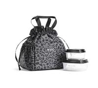 Fit & Fresh Cromwell Drawstring Lunch Bag for Women, Complete Lunch Set with 2 Containers, Stain-Resistant, Leak-Resistant, Back to School Essential, Teacher Lunchbox, Black Cheetah
