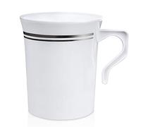 Fit Meal Prep [24 Pack 8 oz. Plastic Coffee Cup with Handle - White Silver Rim Disposable Tea Cups, Soup, Cappuccino Mug, Hot or Cold Drinks, Wedding Party, Ceramic and Glass Dinnerware Alternative