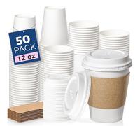 Fit Meal Prep 50 Pack 12 oz Disposable Coffee Cups with Lids, Sleeves, Leak-Proof to Go Coffee Cups with Lids, Durable Hot Paper Cups for Home, Office, Party, Business