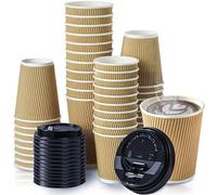 Fit Meal Prep 50 Pack 12 oz Insulated Ripple Triple Wall Paper Coffee Cups with Black Lids, Premium Disposable, Brown To Go Anti Slip for Hot Beverage, Christmas, Travel, Office