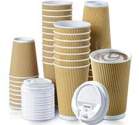 Fit Meal Prep 50 Pack 16 oz Insulated Ripple Triple Wall Paper Coffee Cups with White Lids, Premium Disposable, Brown To Go Anti Slip for Hot Beverage, Christmas, Travel, Office